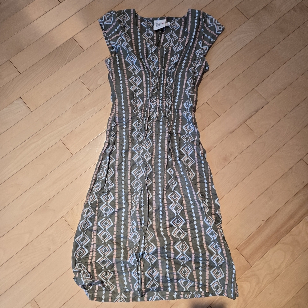 Mata Traders Dress Artsy Traveler Geometric Cotton Midi Dress in Clover XS